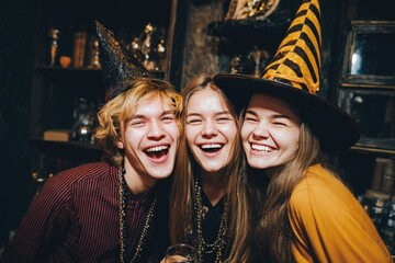 Happy young people friends in witch hats celebrating Halloween party at night club.