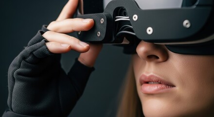 Female using virtual reality headset and gloves for immersive experience