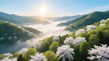 Cherry Blossoms Blanketing Rolling Hills at Dawn
