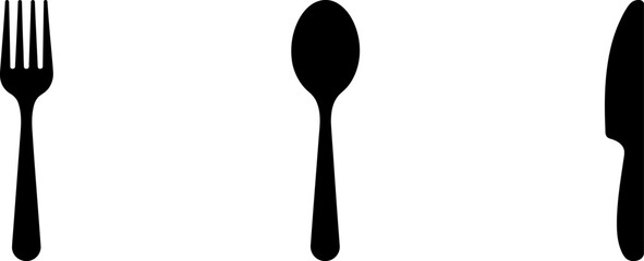 Simple black silhouettes of fork, spoon, and knife on a white background