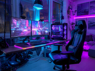 Modern Gaming Setup with Neon LED Lighting Effects
