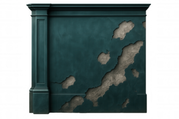 Weathered teal wall with ornate molding, paint peeling to expose rough concrete surface, set against transparent backdrop