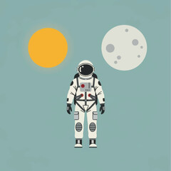 Astronaut Standing Between Sun and Moon in Space Flat Illustration