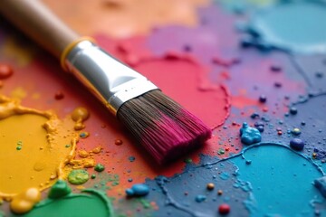 Fototapeta premium Close-up of a paintbrush resting on a painter's palette, bristles softly textured, vibrant paint colors visible Ready for the next stroke of artistic creation , oil paint, watercolor, paintbrush