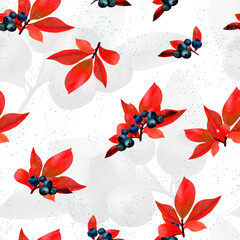 Autumn blueberries. Berry seamless pattern on a light background. Digital drawing of blue blueberries with bright red leaves.