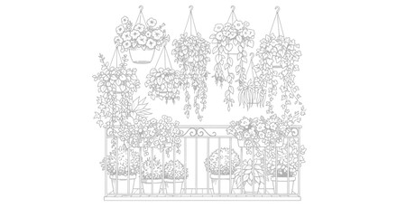 Elegant sketched balcony adorned with cascading and potted botanicals collection
