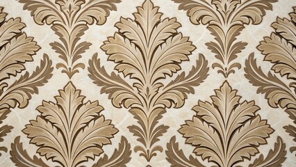 Elegant damask wallpaper with a repeating pattern of ornate acanthus leaves in muted beige and brown tones
