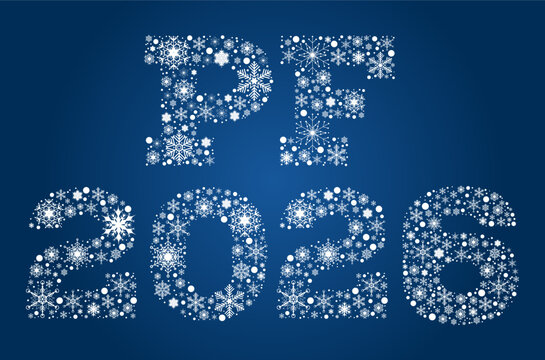 Inscription PF 2026 from white snowflakes on blue background