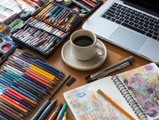 Artistic Workspace with Coffee and Creativity