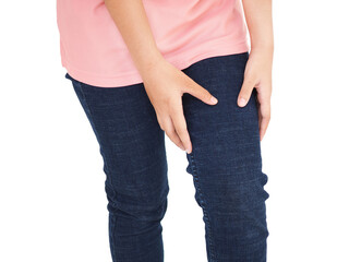 Woman feeling pain or having thigh cramp. 