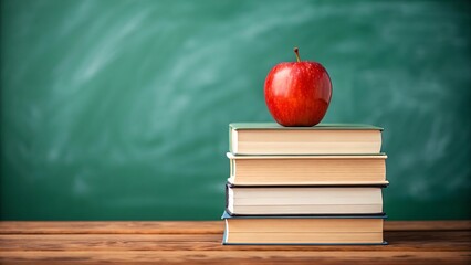 A shiny red apple sits atop a stack of books in front of a green chalkboard, symbolizing education and the pursuit of knowledge