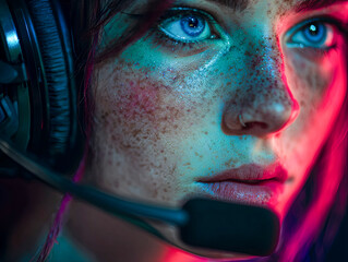 Gamer Girl Close-Up in Colorful Neon Lights
