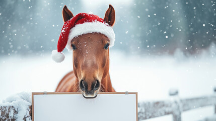 Festive brown horse wearing Santa hat standing near blank white board, snow falling, winter landscape highlighting seasonal marketing potential. Copy space