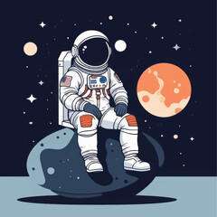 Cartoon Astronaut Sitting on Moon with Mars and Stars in Space