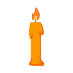 A vibrant orange candle with a flickering flame against a minimalistic white background