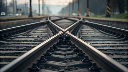 Fototapeta premium railway tracks crossing, industrial steel pattern, sharp focus.