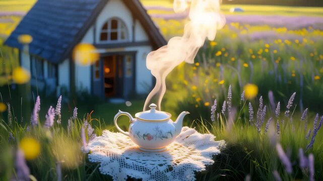 Steaming Teapot on Doily in Sunlit Wildflower Field