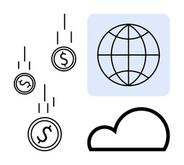 Fototapeta premium Falling coins with dollar signs, globe symbol in blue square, outline of cloud shape. Ideal for finance, cloud computing, globalization, e-commerce, economy, digital business simple flat metaphor