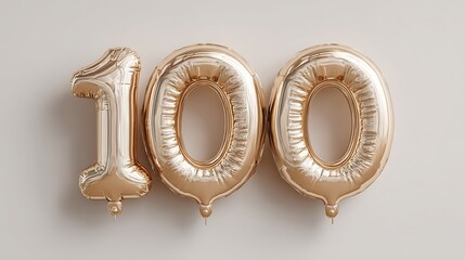 Helium golden balloons shaped like the number 100, symbolizing the celebration of 100 followers or likes on social media, set against an elegant backdrop.