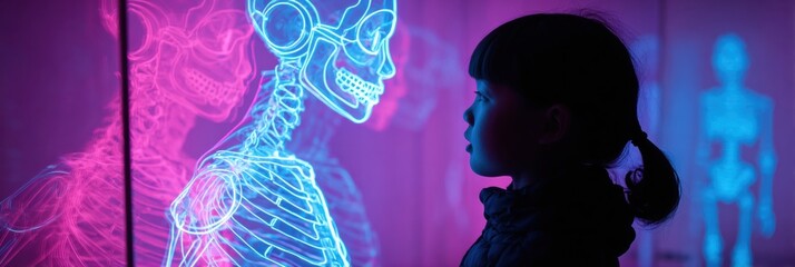Child Observing a Glowing Neon Skeleton Exhibit in a Modern Science Museum at Night