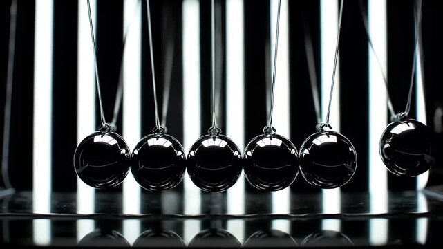 Close Up Detailed View of a Newton's Cradle in Motion Against a Black and White Striped Background Showing the Kinetic Energy Transfer and Momentum