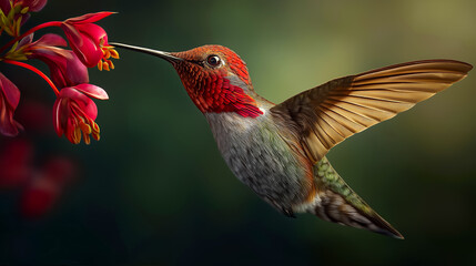 Fototapeta premium Rufous Hummingbird Drinking Nectar, Nature Close-up, Floral Background, Delicate Feathers