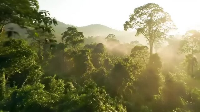 Sunrise over lush rainforest.
