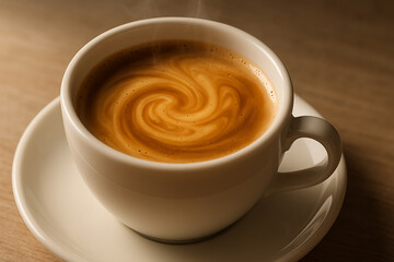 Fototapeta premium A steaming cup of freshly brewed coffee with smooth crema swirls, served in a white cup on a saucer, evoking warmth, comfort, and pure morning bliss.