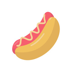 Colorful cartoon hot dog with wavy mustard on a pink background, ideal for food illustrations