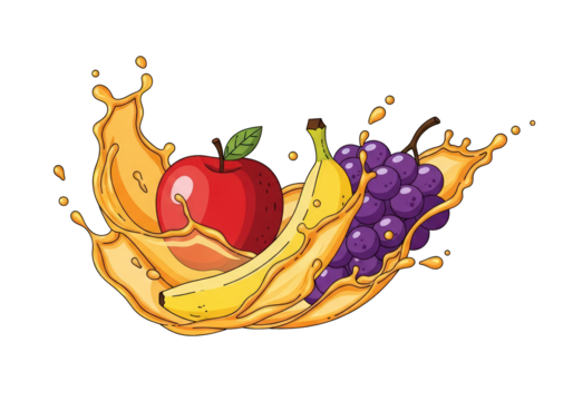 Fresh fruits in juice splash design on transparent background