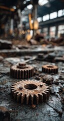 Close-up of rusted gears on debris-strewn factory floor