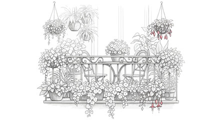 Obraz premium Sketch of a balcony overflowing with potted plants and hanging baskets