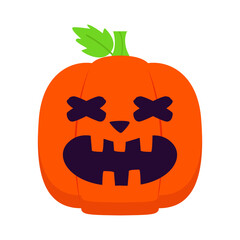 Cartoon pumpkin with a playful expression and green leaf, set against a white background