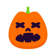 A whimsical cartoon pumpkin with a playful expression and crossed-out eyes, set against a white background