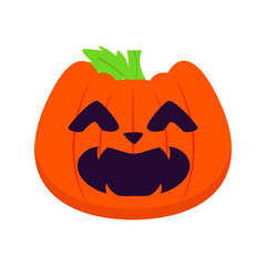Cartoon pumpkin with a mischievous expression and green leaves on top, set against a white background