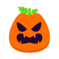 A vibrant Halloween pumpkin with a menacing face and green leaves on top, symbolizing festivity