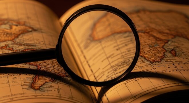 Magnifying glass on vintage world map highlighting africa in warm light