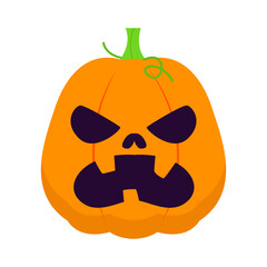 A vibrant Halloween pumpkin with a menacing face and green vine accents against a white background