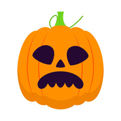 A vibrant cartoon pumpkin with a green stem and a spooky face against a white background