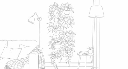 Stylized living room illustration with vertical garden wall and soft light