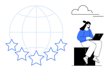 Woman working on a laptop next to five stars and a globe, showcasing global connection, recognition, and quality. Ideal for teamwork, success, remote work, online platforms, collaboration
