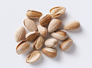 Obraz premium Cluster of whole and split dried pistachio nuts with light brown shells scattered on white background close-up macro food snack