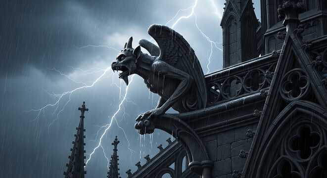 Gargoyle with Gothic Cathedral, Storm, and Rain.