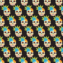 Obraz premium Sugar Skull SeamlessPattern. Dia de los Muertos. Black Background. Vector Illustrations
