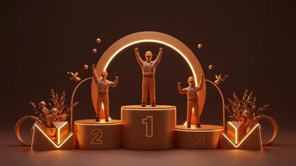 Bronze winners celebrate on illuminated podium; first place victor raises arms in triumph. - Powered by Adobe