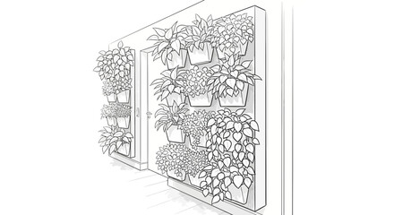 Fototapeta premium Vertical garden sketch with potted plants and door frame in a minimalist line art style