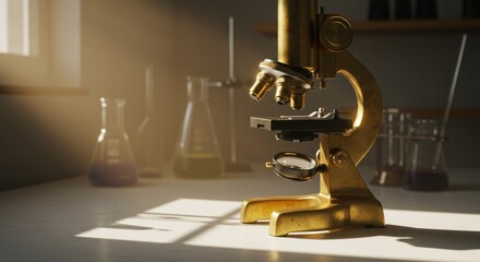 A detailed close-up of a golden microscope on a lab bench illuminated by sunlight from a window, alongside flasks and test tubes