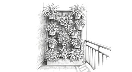 Fototapeta premium Vertical garden sketch with potted plants on a balcony for urban gardening