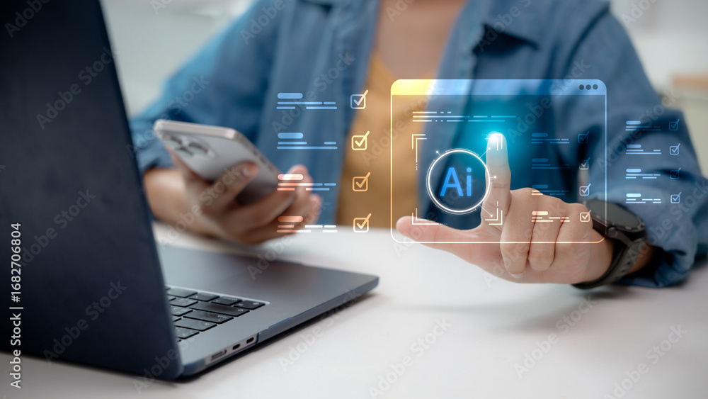 Poster artificial intelligence interface with futuristic digital checklist on laptop and smartphone. modern