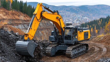 A heavy machinery excavator works at a mine, illustrating the powerful industrial equipment used in resource extraction and earthmoving